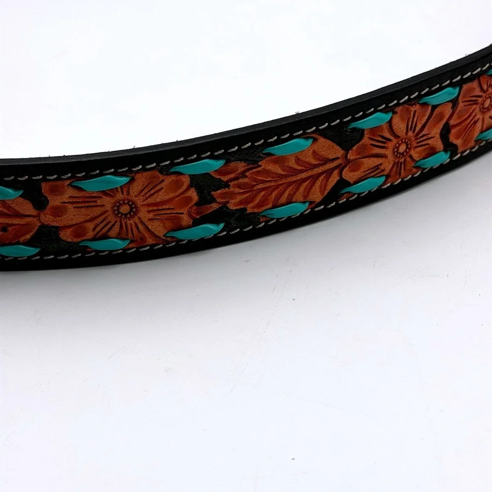 Myra Bag Floral Tooled Leather Handbag/Purse Strap Turquoise Whipstitch Black - Picture 4 of 8